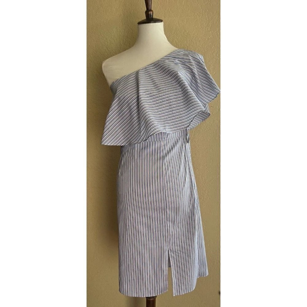 BAR III $80 Blue Striped Ruffled Slitted Dress One Shoulder Cotton Size S